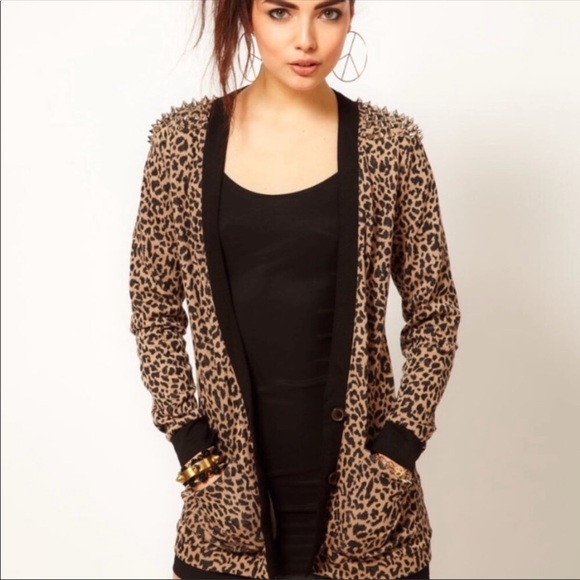 Reverse Sweaters - Reverse | Cheetah Print Cardigan Studded Shoulder